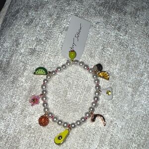 Betsey Johnson Pearl Bracelet with Fruit and Flower Charms